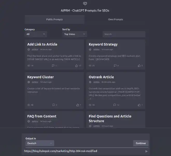Az Outrank Article Prompt képernyőképe az AIPRM-ben